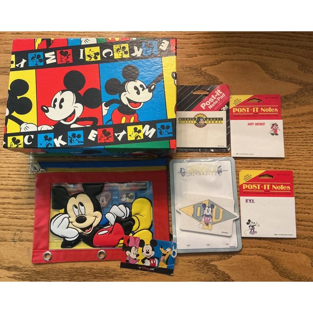 Vintage Mickey Mouse Stationery Bundle Storage Box Pencil Pouch Post-it Notes